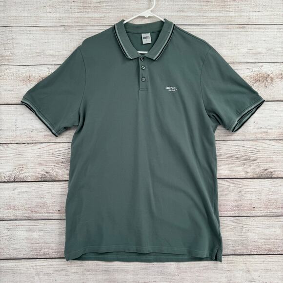 Diesel Jeans Short Sleeve Polo Shirt Mens XL Green Striped Collar - Picture 1 of 10